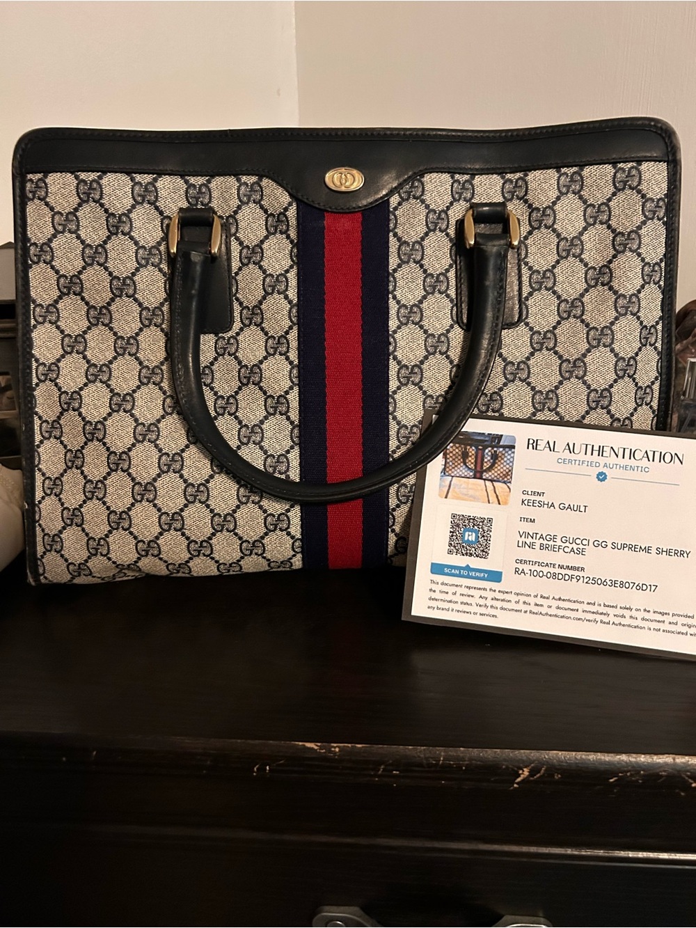 Gucci GG Supreme Briefcase Tote in Beige with Blue and Red Stripe
